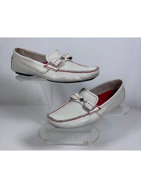 Cole Haan Women White Leather Driving Loafers Shoes Red Stitch Bow Size 8.5 B